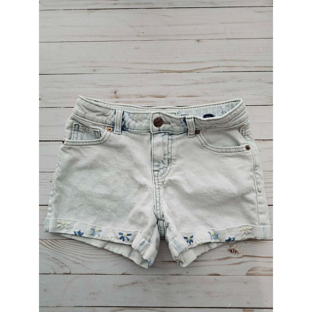 Cat & Jack Girls M (8) Light Wash Denim Shorts Floral Embroidered Cuffed